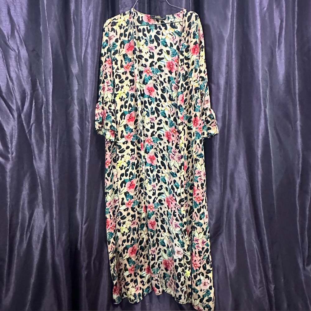 L&B leopard floral long cardigan 3/4 ruffled sleeves Sz L